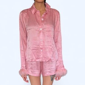 💗 Pink Satin Faux Feather-Trim Pajama Set 💗